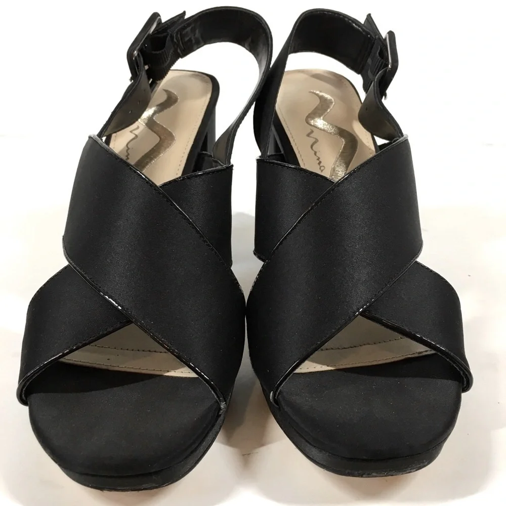 Nina New York Black Criss Cross Straps Platform Open Toe Sandal Heels Size 7.5M